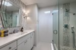 Guest Bathroom Features Walk-In Shower With Floor-To-Ceiling Tile